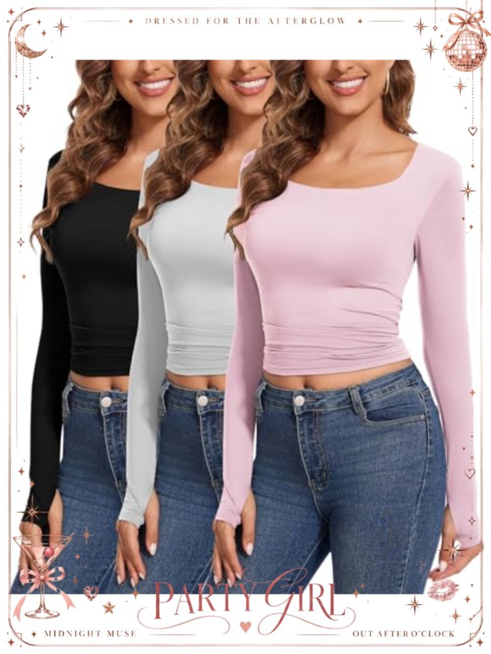 Long Sleeve Crop Top Slim Fit Square Neck Thumb Hole Y2K Casual Basic Tee